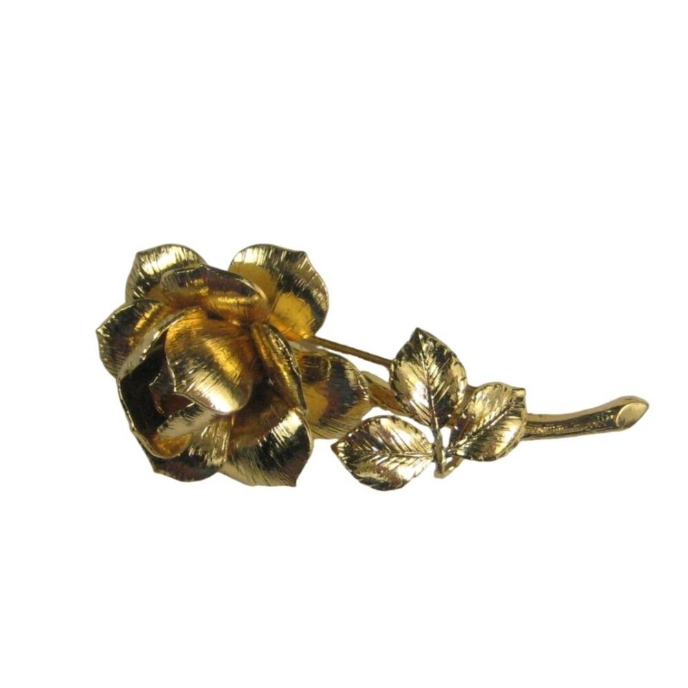 Monet Flower Spray Brooch Pin Jewelry Goldtone Rose Floral Stem 2 inch Vintage